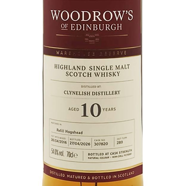 Woodrow's of Edinburgh - 10 yo Clynelish, Refill Hogshead #307820, 54.0% Alc/Vol, 700ml