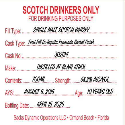 Scotch Drinkers Only - 10 yo Blair Athol, Single Malt Scotch Whisky, 58.2% Alc/Vol, 700 ml