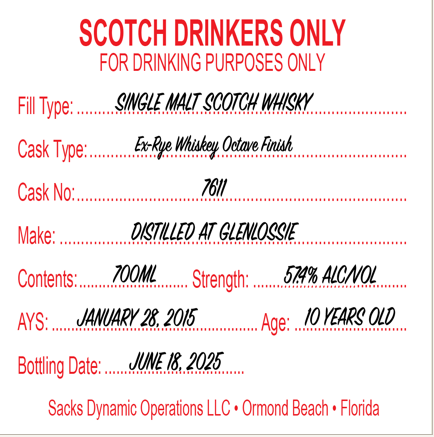 Scotch Drinkers Only - 10 yo Glenlossie Ex-Rye Octave Finish, Single Malt Scotch Whisky, 57.4% Alc/Vol, 700 ml