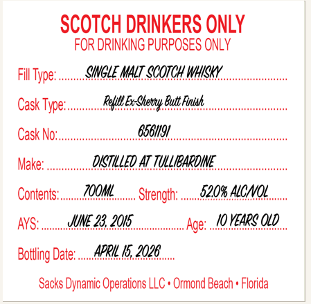 Scotch Drinkers Only - 10 yo Tullibardine, Single Malt Scotch Whisky, 52.0% Alc/Vol, 700 ml