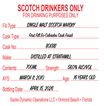 Scotch Drinkers Only - 16 yo Strathmill Calvados Finish, Single Malt Scotch Whisky, 58.0% Alc/Vol, 700 ml