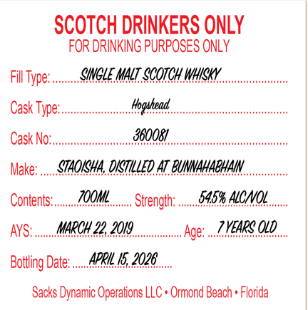 Scotch Drinkers Only - 7 yo Staoisha, Single Malt Scotch Whisky, 54.5% Alc/Vol, 700 ml