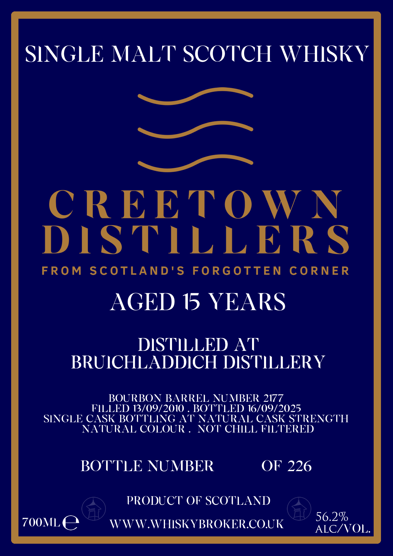 Creetown - 15 yo Bruichladdich, Bourbon Barrel No. # 2177, 56.2% Alc/Vol, 700 ml