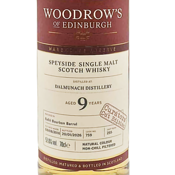 Woodrow's of Edinburgh - 9 yo Dalmunach, Refill Bourbon Barrel Cask #759, 52.8% Alc/Vol, 700 ml