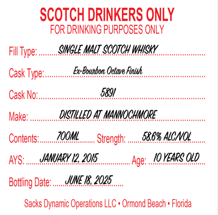 Scotch Drinkers Only - 10 yo Mannochmore Ex-Bourbon Octave Finish, Single Malt Scotch Whisky, 58.6% Alc/Vol, 700 ml