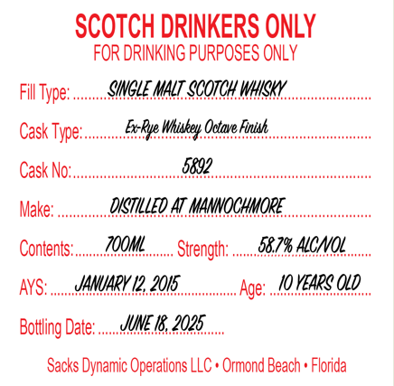 Scotch Drinkers Only - 10 yo Mannochmore Ex-Rye Octave Finish, Single Malt Scotch Whisky, 58.7% Alc/Vol, 700 ml