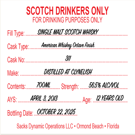 Scotch Drinkers Only - 12 yo Clynelish American Whiskey Octave Finish, Single Malt Scotch Whisky, 56.5% Alc/Vol, 700 ml