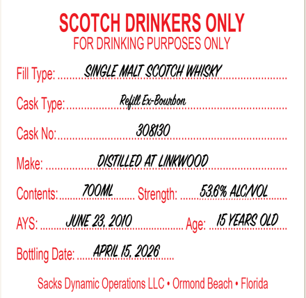 Scotch Drinkers Only - 15 yo Linkwood, Single Malt Scotch Whisky, 53.6% Alc/Vol, 700 ml